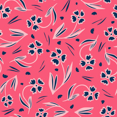 Folkloristic flowers with leaves seamless repeat pattern with pink background. Random placed, vector botany plant elements all over print.