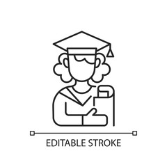 Female student linear icon. Young adulthood. Late adolescence. Emotional stability. Thin line customizable illustration. Contour symbol. Vector isolated outline drawing. Editable stroke