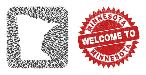 Vector mosaic Minnesota State map of direction arrows and grunge Welcome seal stamp. Mosaic geographic Minnesota State map created as subtraction from rounded square with arrows.