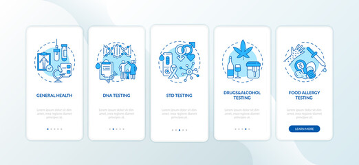 Top testing categories onboarding mobile app page screen with concepts. General health, STD test walkthrough 5 steps graphic instructions. UI vector template with RGB color illustrations