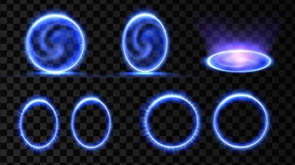 Blue magic portal. 3d hologram effect. Energy vortex teleport. Light circle frame. Isolated vector background. - obrazy, fototapety, plakaty