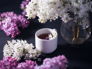 Obraz na płótnie Canvas a cup of tea and flowering branches of white and purple lilac on a dark background