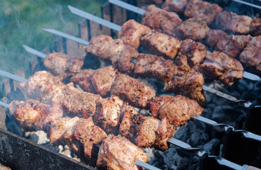 juicy shish kebab on a skewer, barbecue in russia