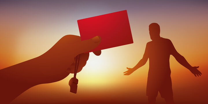 Concept de la faute sanctionn&eacute;e par un arbitre de football, qui tend un carton rouge &agrave; un joueur pour l&rsquo;exclure du terrain.
