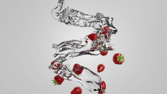 Water flow with strawberries. A whirlpool. 3D render.