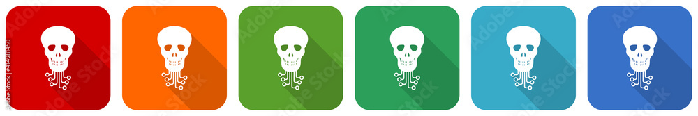Poster hack, virus, circuit, skull, hacker icon set, flat design vector illustration in 6 colors options fo