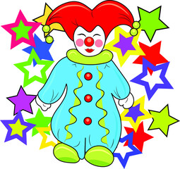 a funny clown with colorful stars in a bright costume makes people laugh at a holiday, isolated on a white background 