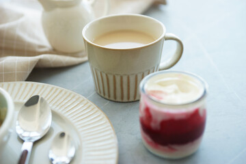 Fototapeta na wymiar Fresh strawberry yogurt for breakfast