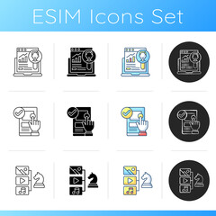 UX design icons set. User research. Ease-of-use improvement. Content strategy. Studying customers needs. Content planning, management. Linear, black and RGB color styles. Isolated vector illustrations