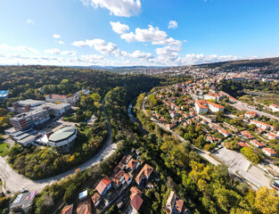 Aerial sunset panorama of city of Veliko Tarnovo, Bulgaria