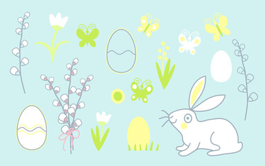 Set of traditional Easter elements for decorating. Bunny, Easter egg, flower, willow branch , butterfly isolated on delicate blue color. Vector illustration with sunny spring mood.