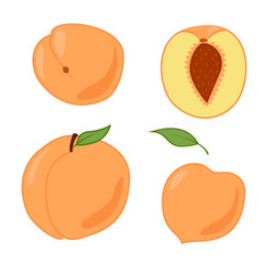 A set of peaches, whole and cut. Colored isolated objects on a white. Cartoon.