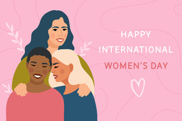 International Women's Day. Portrait of beautiful women different nationalities and cultures. Different ethnicity women. Women friendship concept, movement to empower women. Vector illustration.