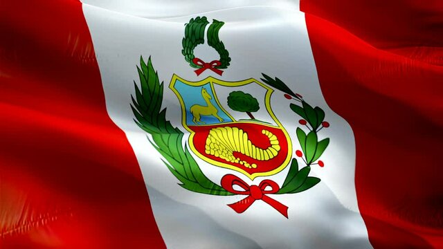 Peruvian flag Closeup 1080p Full HD 1920X1080 footage video waving in wind. National Lima&lrm;&lrm;&lrm; 3d Peruvian flag waving. Sign of Peru seamless loop animation. Peruvian flag HD resolution Background 1080p