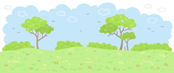 Summer park with green trees, bushes, grass and flowers. In cartoon style. Isolated on white background. Vector flat illustration.