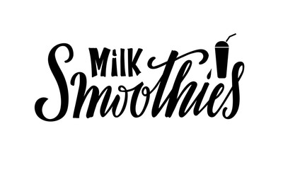Vector illustration of milk smoothies lettering for banner, poster, signage, business card, product, menu design. Handwritten creative calligraphic text for digital use or print
