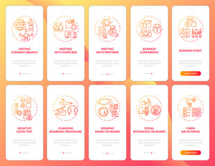 Business travel trends onboarding mobile app page screen with concepts. Business conference walkthrough 10 steps graphic instructions. UI vector template with RGB color illustrations