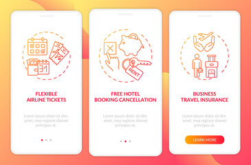 Obraz premium Covid related marketing tips onboarding mobile app page screen with concepts. Travel insurance walkthrough 3 steps graphic instructions. UI vector template with RGB color illustrations