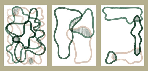 Creative aesthetic posters in minimal vintage style. A4 vertical illustrations for social media, web design, covers. A set of three abstract backgrounds with abstract shapes, lines, doodles.