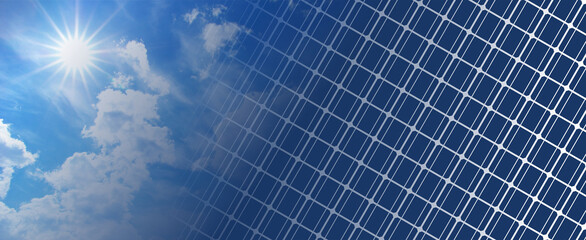 solar panels on blue sky and sun