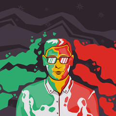 A young man with glasses stands happily smeared in multicolored paint. Illustration for the Holi festival.