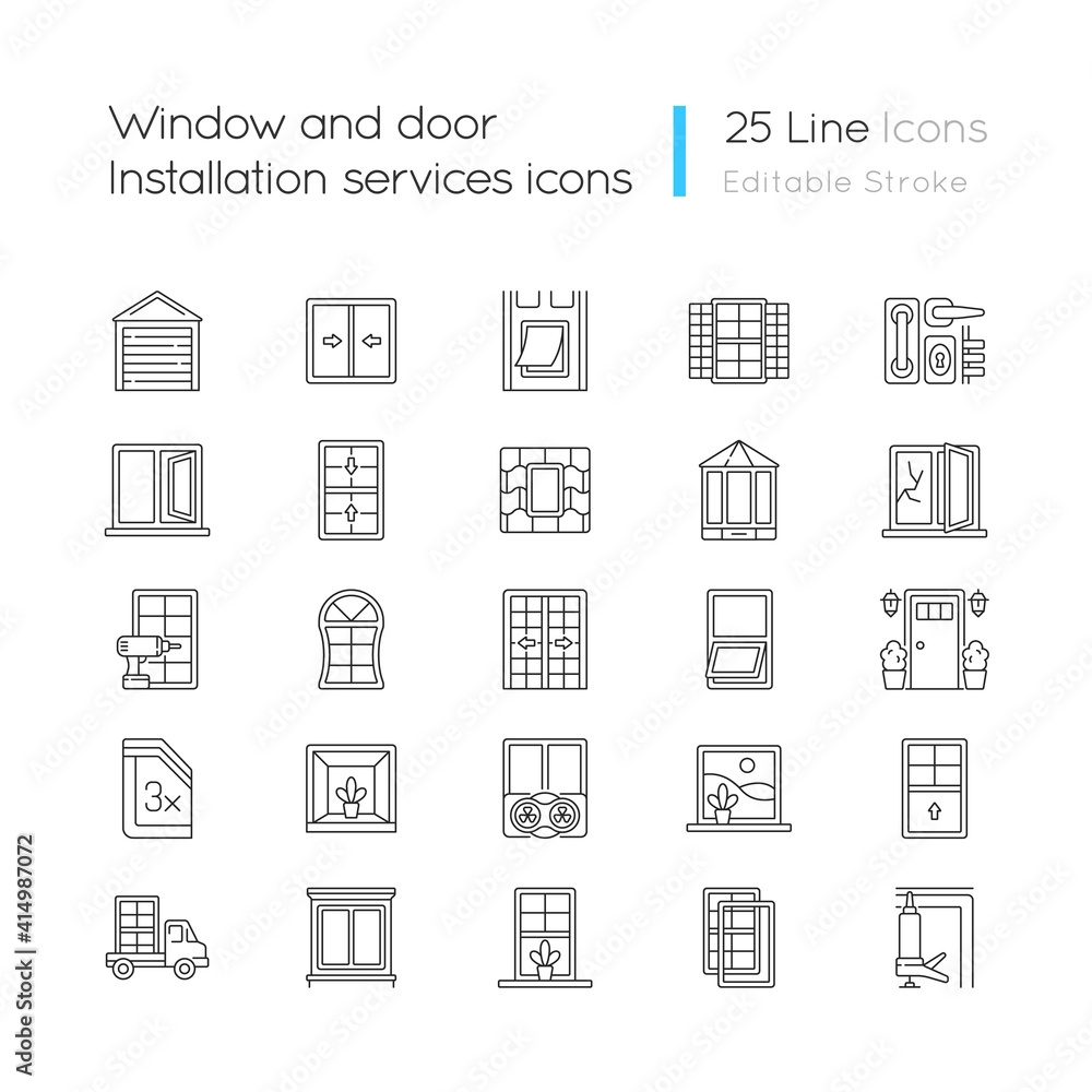 Poster window and door installation service linear icons set. increasing energy efficiency. break-in preven