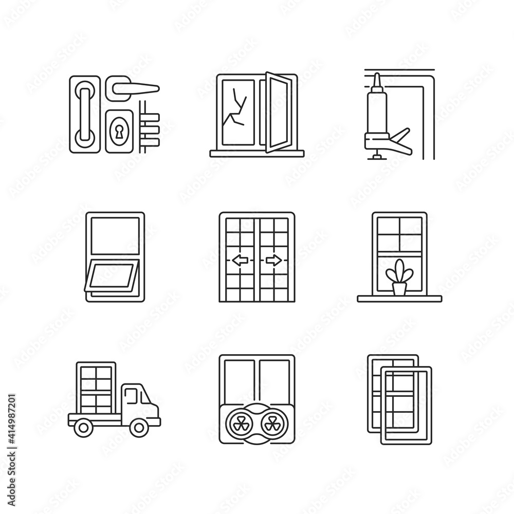 Poster window and door installations linear icons set. locks and levers. insulating barrier creation. custo