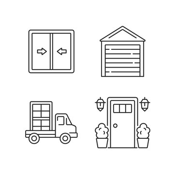 Replacement window opportunity linear icons set. Sliding windows. Garage doors. Entry doors. Customizable thin line contour symbols. Isolated vector outline illustrations. Editable stroke