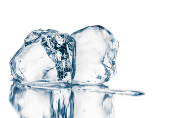 Natural crystal clear melting ice cubes isolated on white. Mirroring reflective surface background.