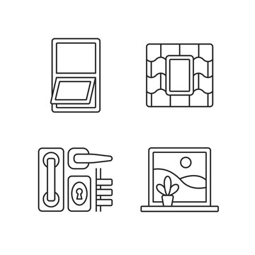 Windows Replacement Service Linear Icons Set. Awning Windows. Venting Skylight. Door Hardware. Customizable Thin Line Contour Symbols. Isolated Vector Outline Illustrations. Editable Stroke