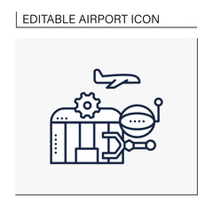 Airport robotization line icon. Security robot to patrol airport. Using robotics to make people work easier and ensure health care. Airport new normal concept. Isolated vector illustration