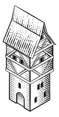 A medieval building map icon isometric illustration in a vintage retro engraved woodcut etching style