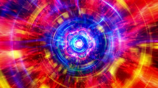 4K 3D seamless loop colorful dynamic energy flame circle sparks vortex animation. Glitter blue orange golden spiral looped motion abstract burning spinning galaxy portal VJ DJ loop title background.
