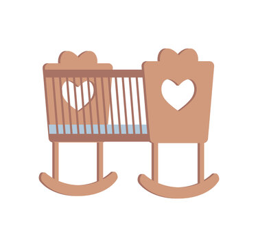 Cradle for little newborn baby girl or boy vector flat illustration isolated on white background. Wooden brown cradle with cut out hearts. Bed for a little child. Child crib concept.