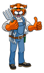 A tiger gardener cartoon gardening animal mascot holding a garden fork tool and giving a thumbs up