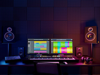Audio workplace,recording studio,computer music studio.3d rendering