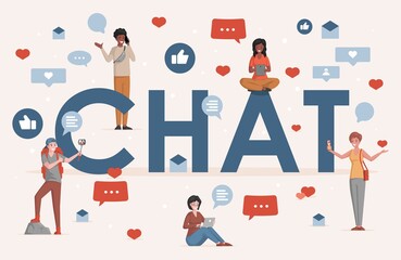 Chat word vector flat banner template. Happy people speaking on smartphones and video call, making video blog, searching on internet. Social media and online communication, video production concept.