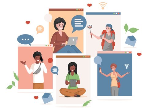 Social media and internet communication vector flat illustration. Mobile screens with happy people speaking on smartphones, making photos or videos, chatting, and searching on the internet.
