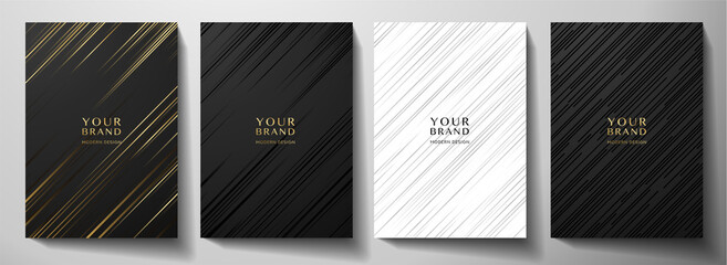 Modern black and white cover design set. Luxury creative dynamic diagonal line pattern. Formal premium vector background for business brochure, poster, notebook, menu template 