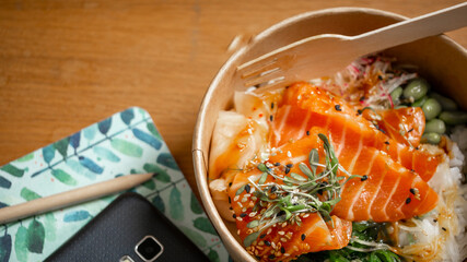 Blogger lunch- plastic-free recycling take away bowl with salmon sashimi rice and vegetables...