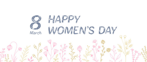 8 March Happy Women's Day vector card. Meadow flowers blossom