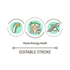 Home energy audit concept icon. Clean energy idea thin line illustration. Optimize energy efficiency. Environmental protection. Vector isolated outline RGB color drawing. Editable stroke