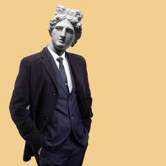 Modern art collage. Concept portrait fashion man in coat. Gypsum head of Apollo. - obrazy, fototapety, plakaty