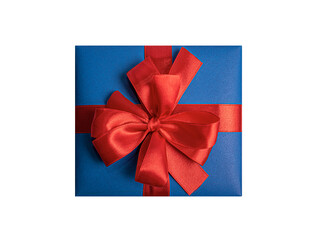 Blue gift box with red ribbon isolated on white background.