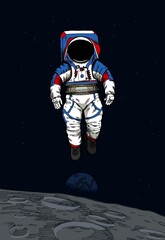 Astronaut floating on the moon with Earth on background. New American EVA space suit. Realistic space illustration.
