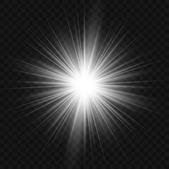 White glowing light flashes with transparent. Vector illustration for decorating cool effect with sequins rays. Bright Star. Transparent background, bright flash.	