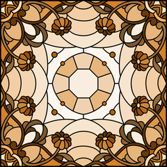 Illustration in the stained glass style with an abstract flower arrangement on a light background, square image, monochrome,tone brown 