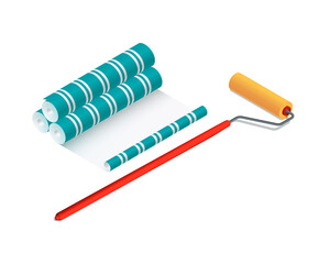 Isometric vector illustration wallpaper rolls and paint roller isolated on white background. Realistic paint roller icon in flat cartoon style. Wallpaper sticking. Renovation and reconstruction.
