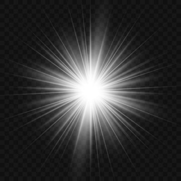 White glowing light flashes with transparent. Vector illustration for decorating cool effect with sequins rays. Bright Star. Transparent background, bright flash.	