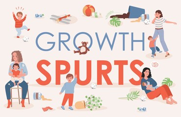 Growth spurts vector flat poster design with space for text. Tired and exhausted parents trying to calm down their children. Difficulties of children parenting, help with educating banner concept.